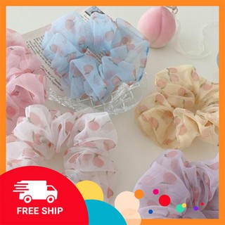 DÂY CỘT TÓC SCRUNCHIES HỌA TIẾT HÌNH QUẢ ĐÀO NGỌT NGÀO