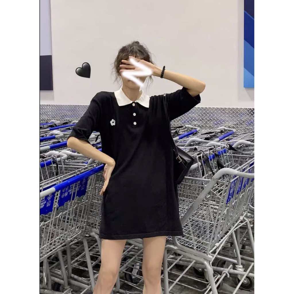 ÁO POLO THÊU HOA TÍM ĐEN - ÁO THUN CỔ BẺ FLOWER ULZZANG