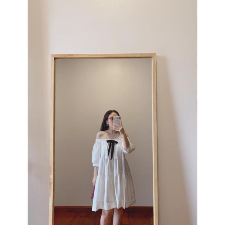 Đầm Trắng Cổ Vuông Nơ Cài,Váy Nữ Cộc Tay Nơ Đen Dáng Xòe Hàng QC Loại 1 SIÊU HOT | BigBuy360 - bigbuy360.vn