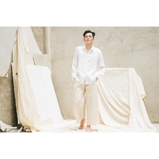 RUSTEA Áo sơ mi cổ đứng vải linen