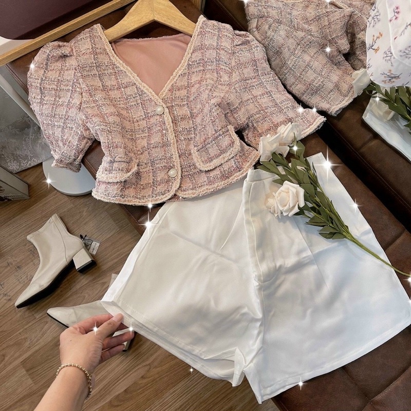Set 2 món: Áo dạ hồng viền+ short trắng