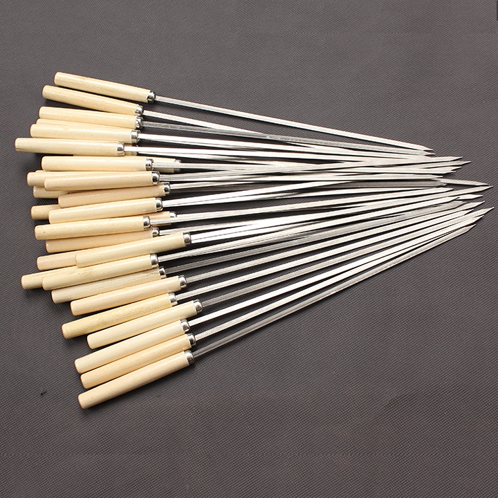 Xiên thịt nướng inox chuôi gỗ nướng thịt dùng cho bếp nướng than hoa tiện lợi