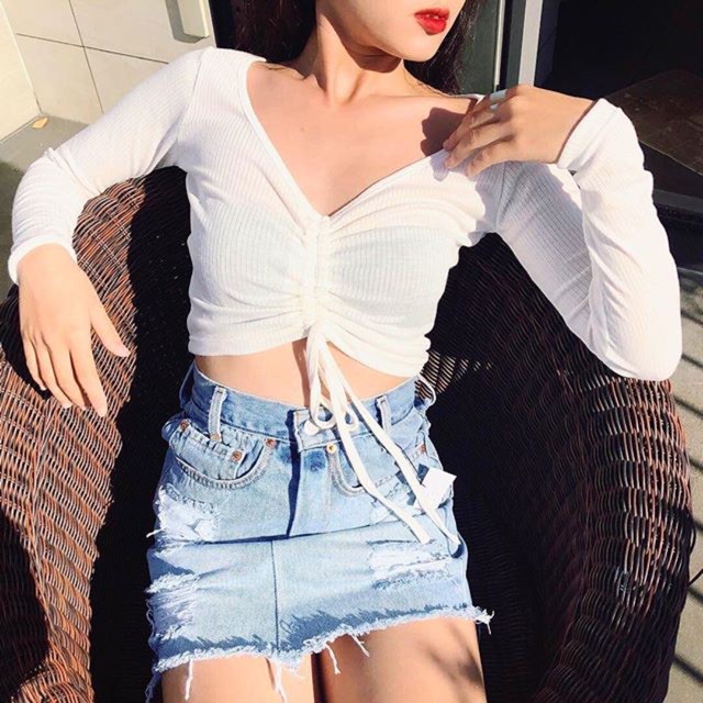 Áo croptop len tăm DÂY RÚT NGỰC tay dài