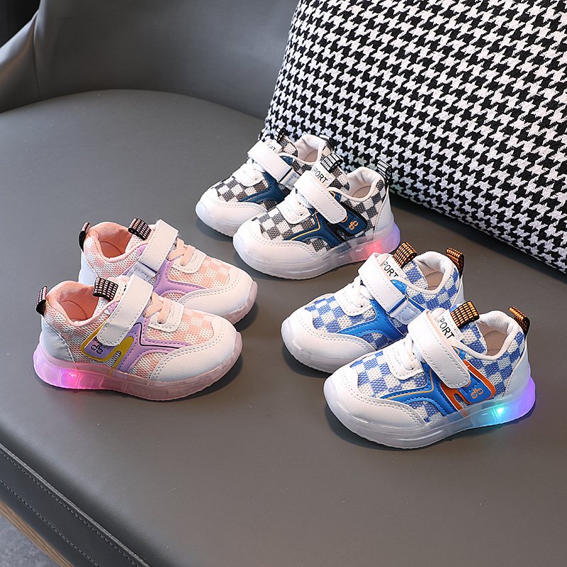 Giày thể thao cho bé trai, bé gái họa tiết caro có đền led hàng Quảng Châu cao cấp Babybees mã mới S7