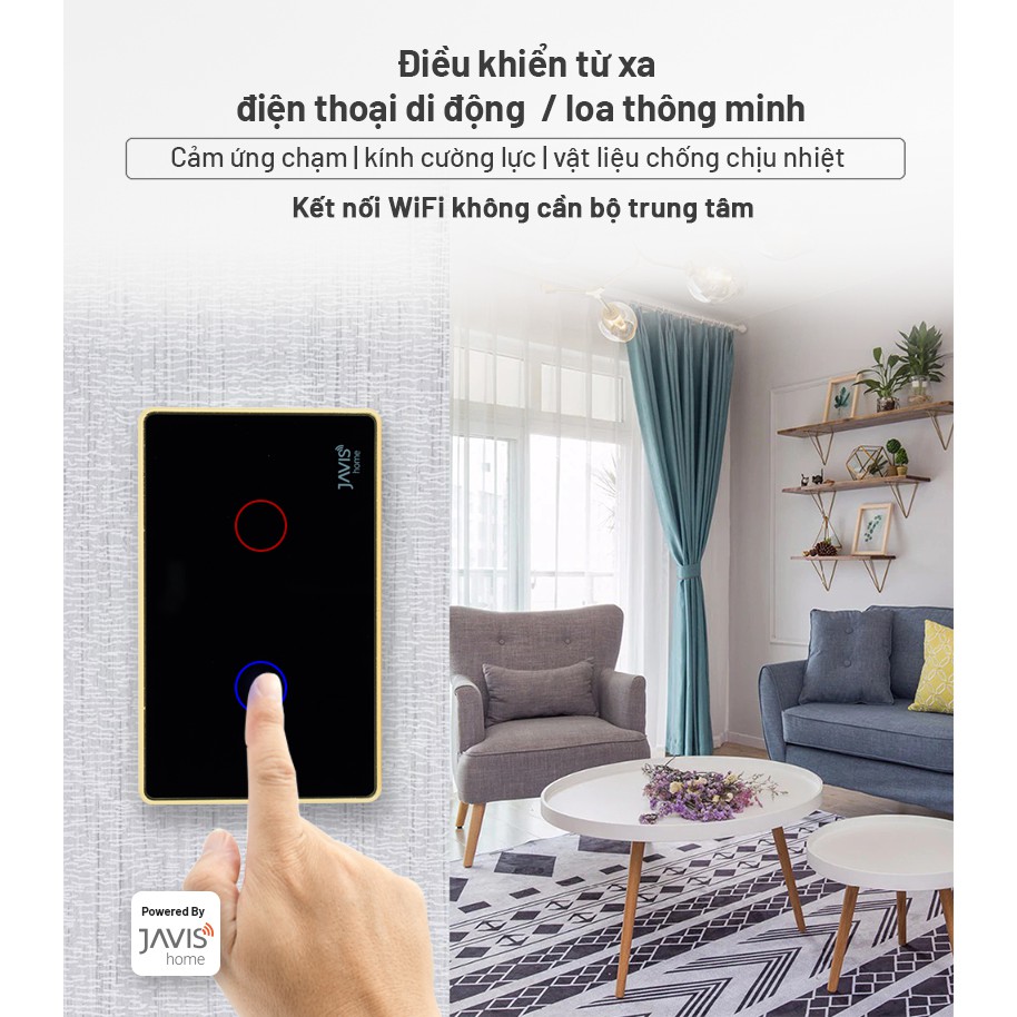 Công tắc thông minh JAVIS 2 Gang có viền vàng. Công tắc cảm ứng WIFI điều khiển bằng tiếng Việt qua loa Google,Loa JAVIS