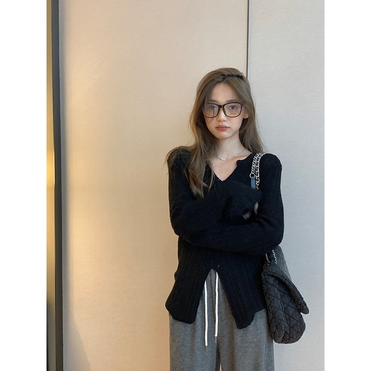 ZHELIHANGFEI Áo dệt kim xẻ tà V - áo thun tay dài cổ nhận thời trang eo