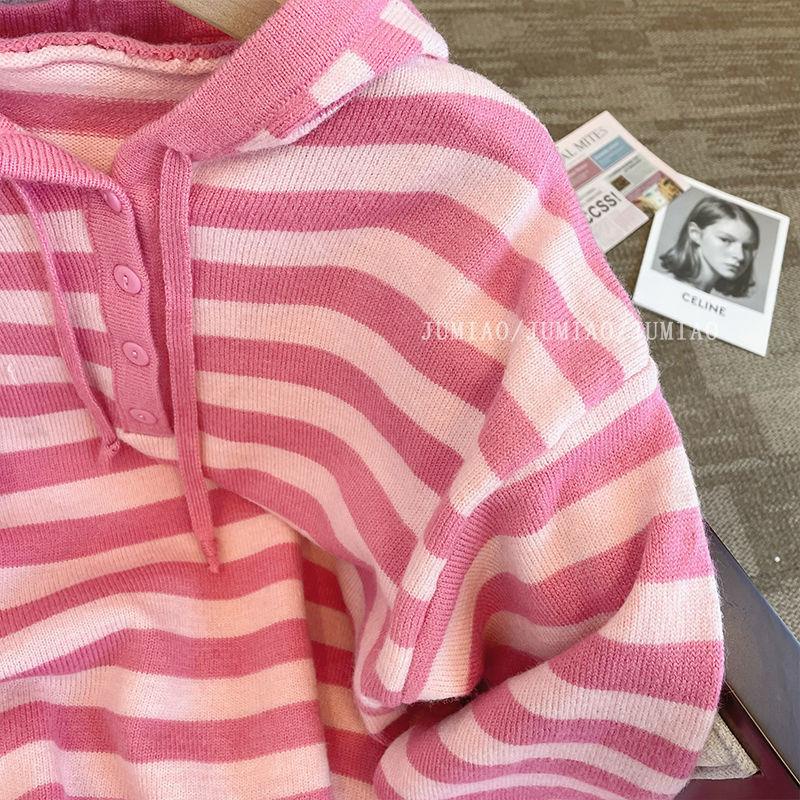 Áo Khoác Dệt Kim Có Mũ Trùm Dáng Rộng Họa Tiết Kẻ Sọc Thời Trang Thu Đông Cho Nữ