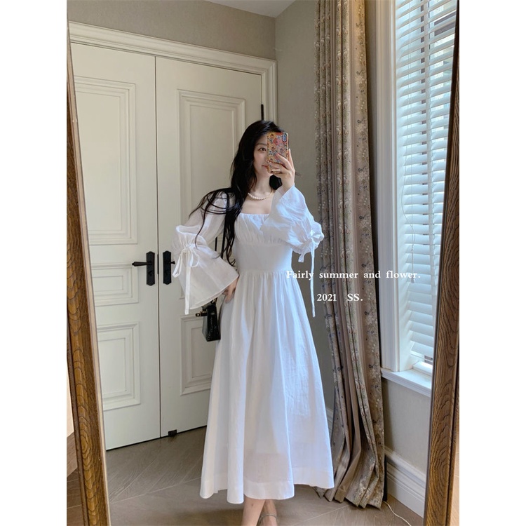 Đầm Trắng Tay Dài Thời Trang Mùa Thu Hàn Quốc Mới Trẻ Trung Đáng Yêu Cho Nữ