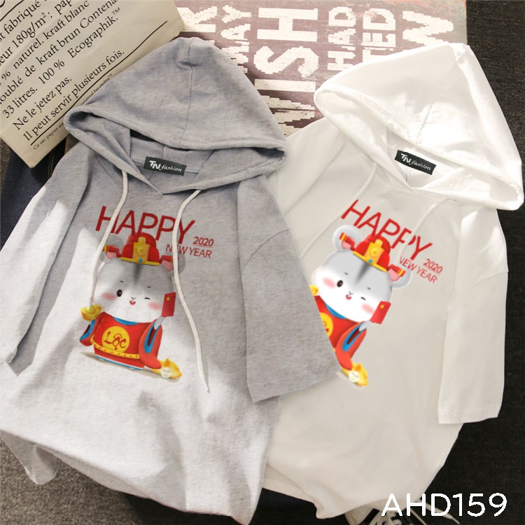 AHD159 Áo thun teen nam nữ HOODIE TAY LỠ CÓ NÓN hình tết chuột lộc Happy new year 2020