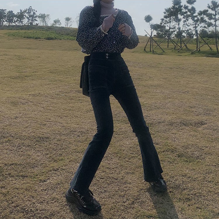 Quần jeans lưng cao ống loe thời trang retro cho nữ
