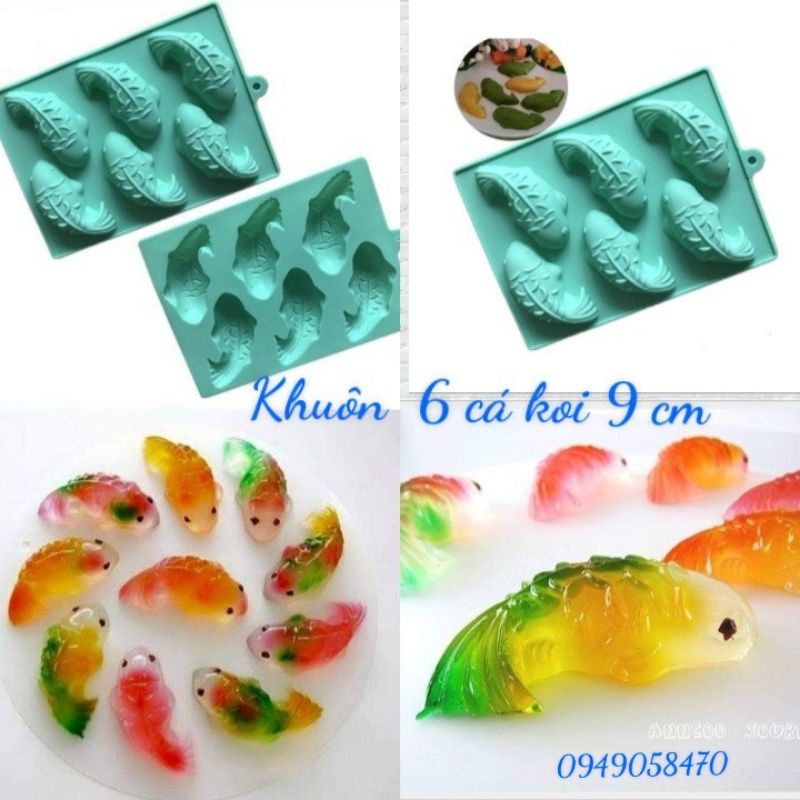 Khuôn silicon 6 cá koi, cá chép Nhật dài 9 cm làm thạch rau câu, pudding, chè trôi nước cá chép ( giao màu ngẫu nhiên)