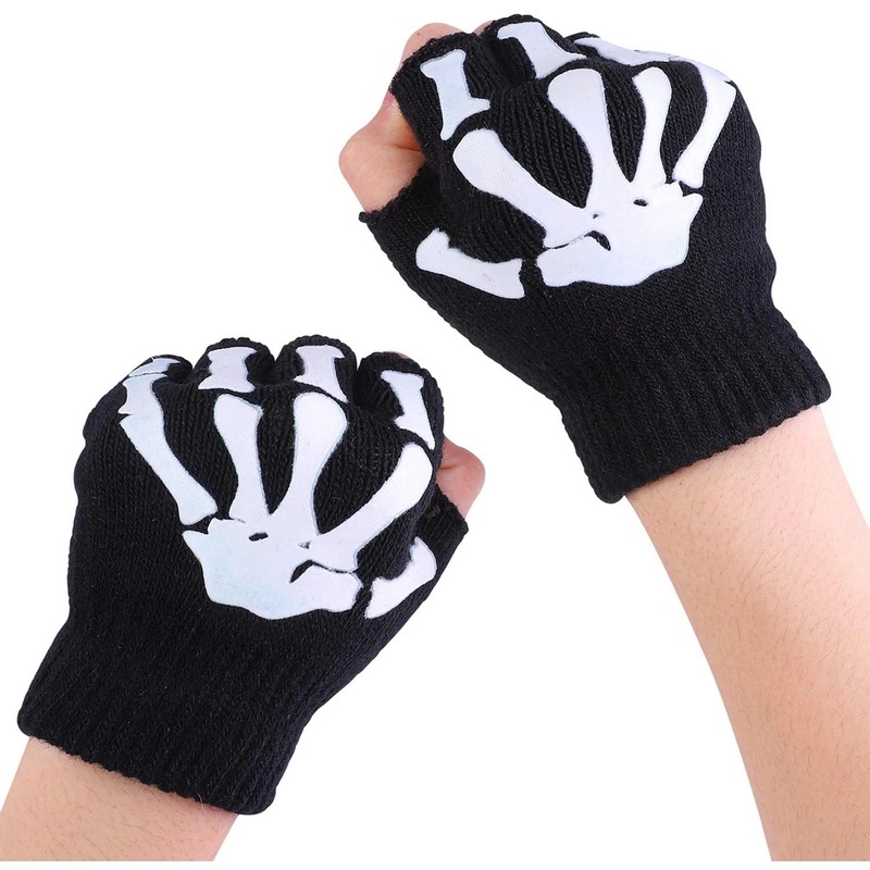 Gói găng tay hở ngón dệt kim hình xương bàn tay phát quang hóa trang lễ halloween cho người lớn
