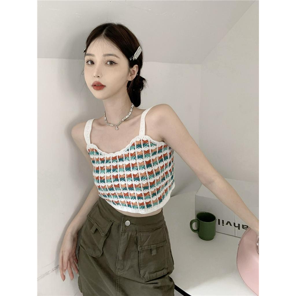 Áo Hai Dây Croptop Họa Tiết Sọc Caro Phong Cách Retro Thời Trang Mùa Hè 62099