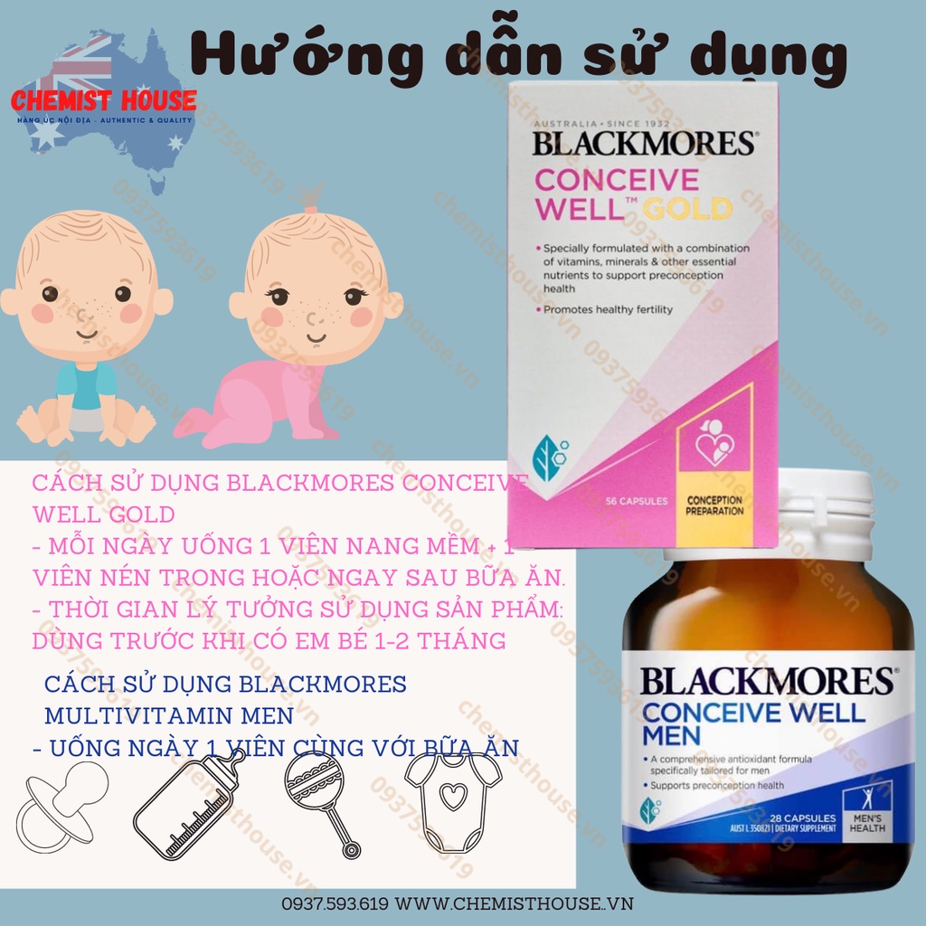Combo tăng thụ thai Úc Blackmores Conceive Well Gold + Conceive Well Men đầy đủ dưỡng chất thiết yếu cho bố mẹ