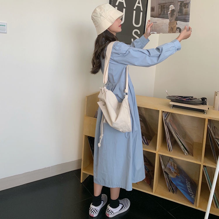 Đầm Midi Dáng Chữ A Tay Dài Màu Trơn Phong Cách Hàn Quốc Thời Trang Cho Nữ