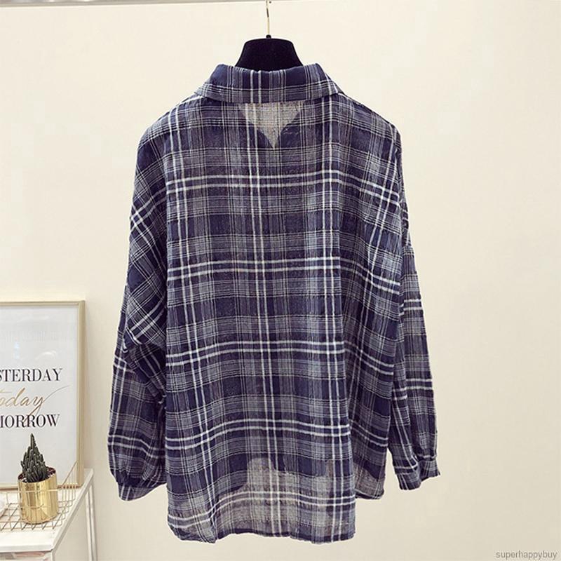 Áo sơ mi chiffon sọc caro cho nữ tay dài dáng rộng dùng chống nắng