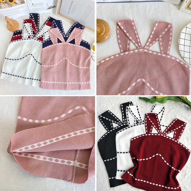 Áo Hai Dây Dệt Kim Hở Vai Họa Tiết Kẻ Sọc Thời Trang Mùa Hè Phong Cách Hàn Quốc Cho Nữ