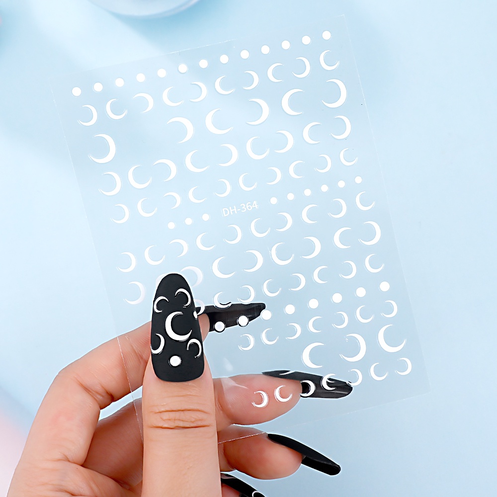 1 Tờ Miếng Dán Móng Tay Chuyển Nước Hình Trăng Lưỡi Liềm 3D Siêu Mỏng Màu Trắng Đen