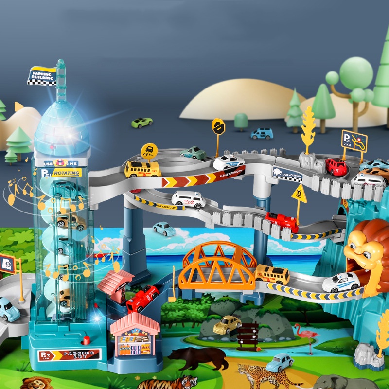 Bộ đồ chơi bãi đỗ xe, đường hầm sư tử, đường hầm khủng long có nhạc, có đèn dành cho bé từ 3 tuổi, nhựa ABS an toàn