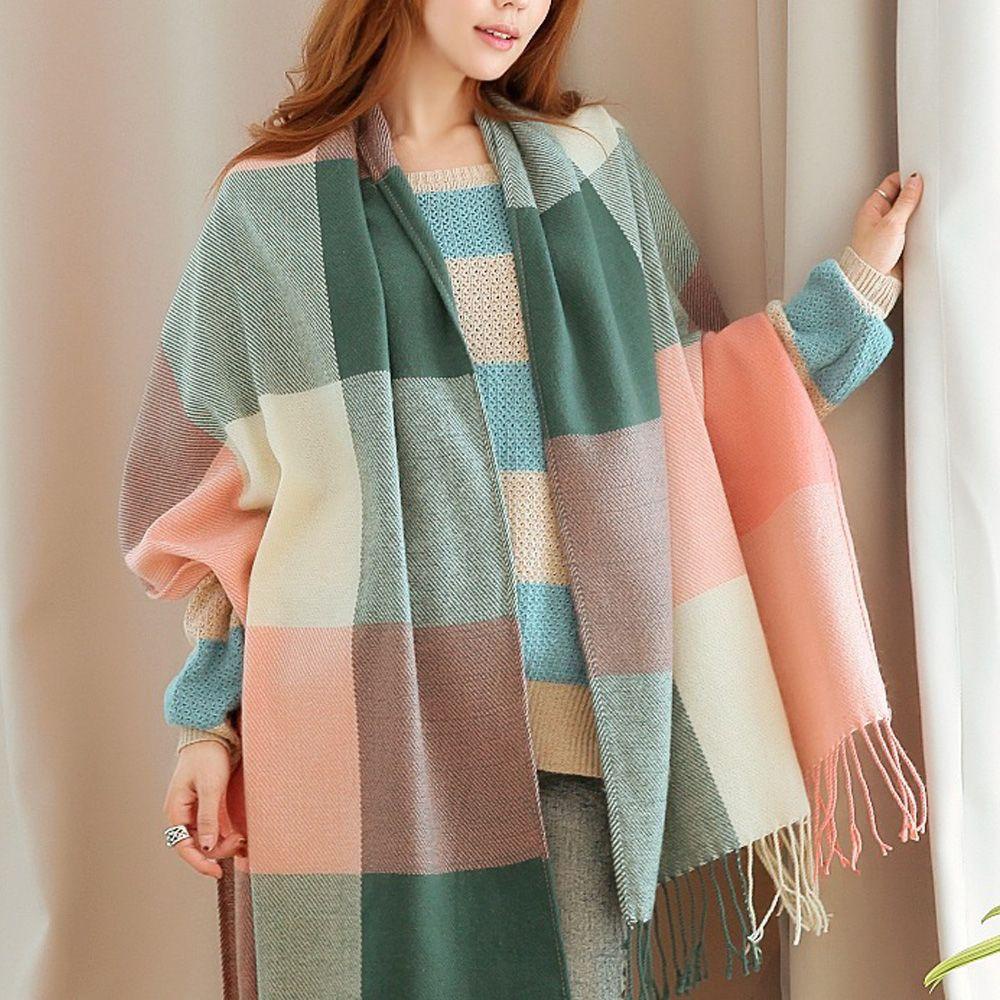 Khăn Choàng Len Cashmere Họa Tiết Sọc Caro Thời Trang Thu Đông Cho Nữ