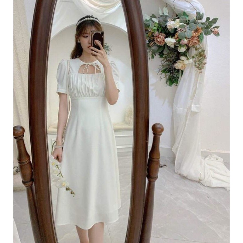 Đầm midi dress trắng dự tiệc nơ cổ tiểu thư ULZZANG xinh xỉu | BigBuy360 - bigbuy360.vn