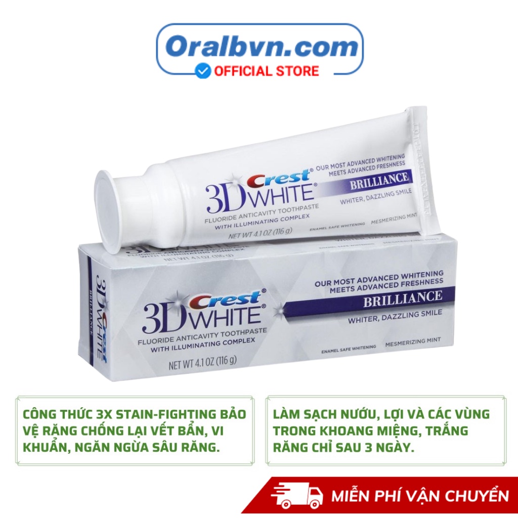 Kem đánh răng làm trắng Crest 3D White Radiant Mint 116gr nhập Mỹ giúp răng trắng, ngừa viêm nướu, hôi miệng