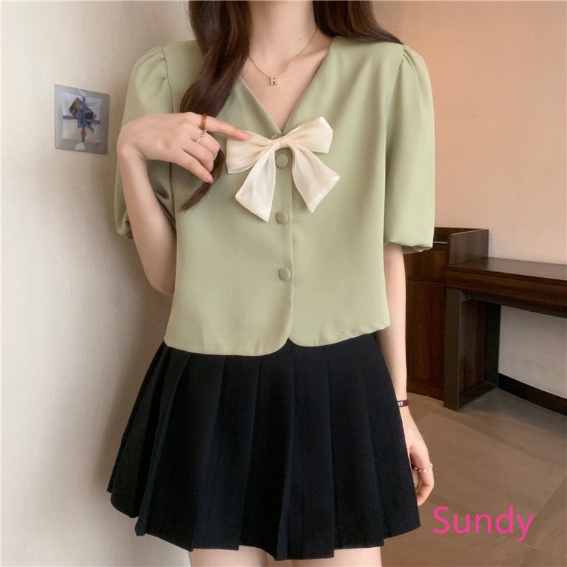 Áo Sơ Mi Voan Tay Bồng Thắt Nơ Xinh Xắn Phong Cách Pháp Cho Bạn Gái