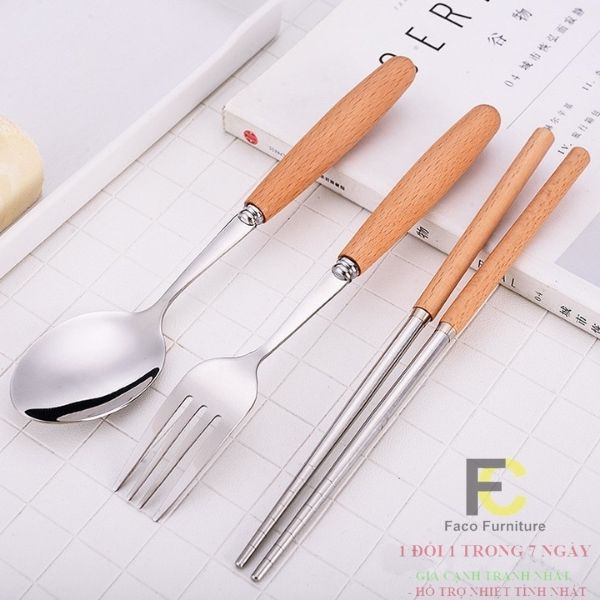 Bộ Đũa, Thìa, Dĩa Inox Cán Gỗ Tặng Kèm Hộp Đựng Lúa Mạch Cao Cấp an toàn với sức khỏe và môi trường