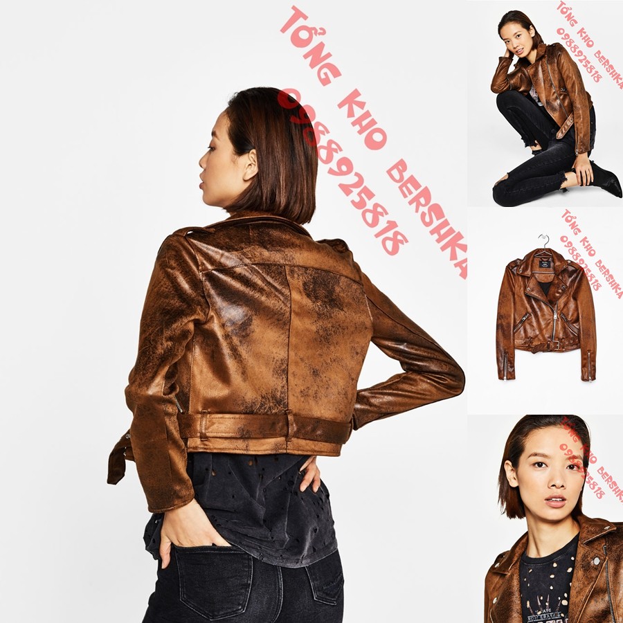 Áo Biker jacket Da lộn Bershka 2017 (NÂU BÓNG)