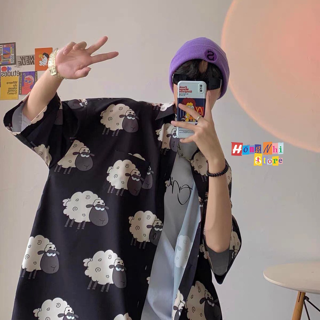 Áo Sơ Mi Họa Tiết Đi Biển Con Cừu Hoạt Hình Tay Lỡ Dáng Rộng Ulzzang Unisex - MM