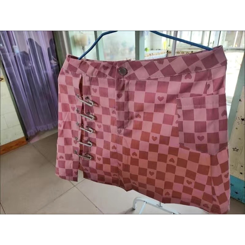 Sét đồ đi dã ngoại gồm áo sơ mi Mix chân váy 2 màu xanh Hồng kẻ bàn cờ