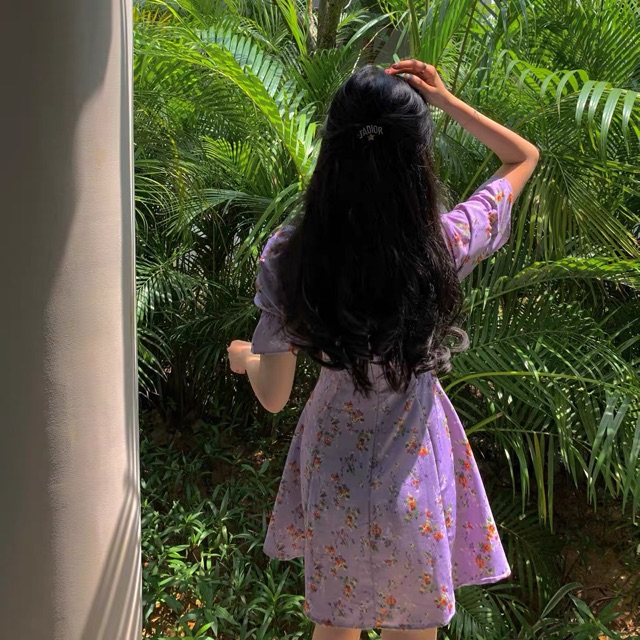 Bigsize S-4XL Đầm tím hoa nhí cổ vuông viền bèo cách điệu