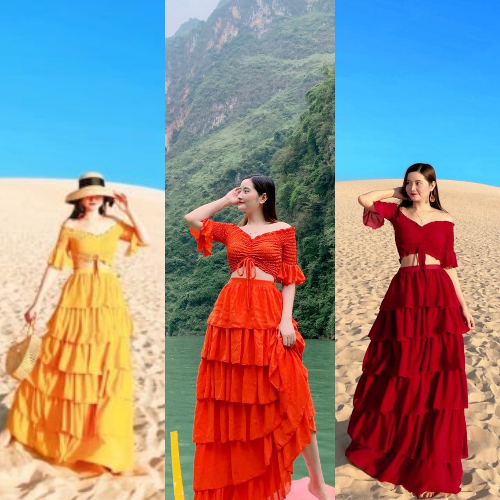 Set đầm maxi áo nhún tay loe 3 màu chân váy tầng mới