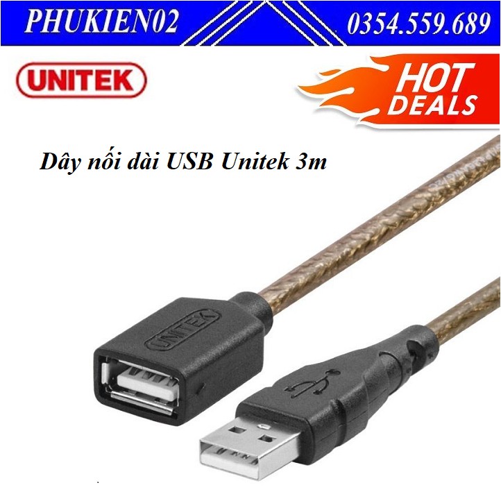 Dây nối dài USB Unitek 3m Y-C417A Chuẩn USB 2.0 AM-AF- Hàng chính hãng