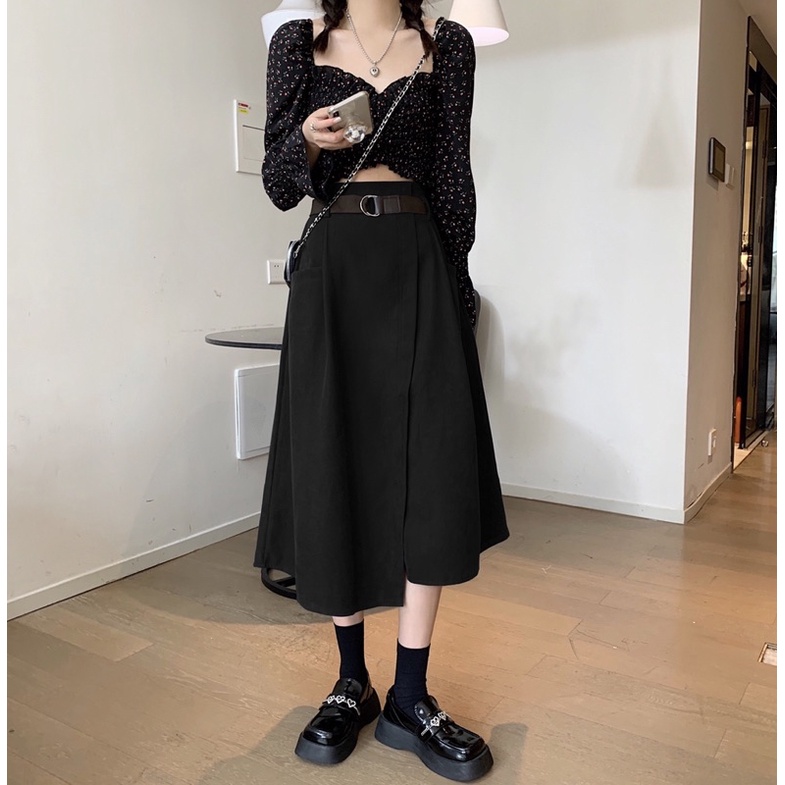 Chân váy nhung tăm dài lưng chun vạt lệch kèm đai Vintage - Lumii