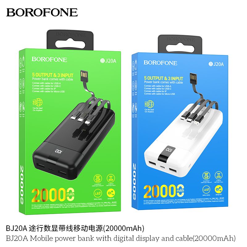 Sạc Dự Phòng Borofone BJ20A 20.000mAh - Tích Hợp Cáp Sạc Và Có Đèn Led Hiển Thị Phần Trăm Pin (BH 1 năm,Chính Hãng)