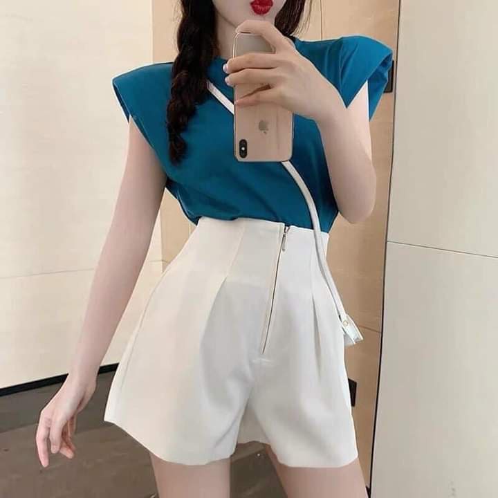 Quần short nữ cạp cao liền gen bụng ôm cá tính có túi khóa - Màu Đen Trắng - Vải tuyết mưa - Mặc đi làm công sở đi học