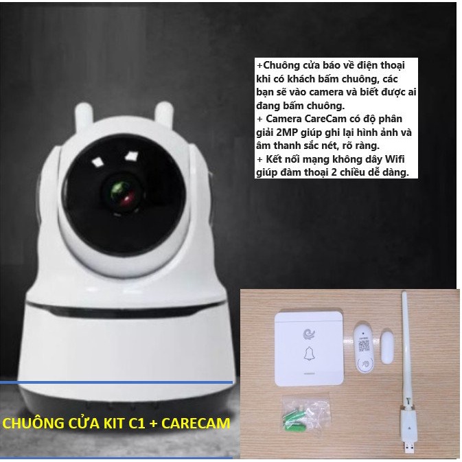 Combo Báo trộm Chuông cửa Smart Home Kit C1 + Camera Wifi CareCam PAF200 2MP Tự Động Xoay Theo Chuyển Động