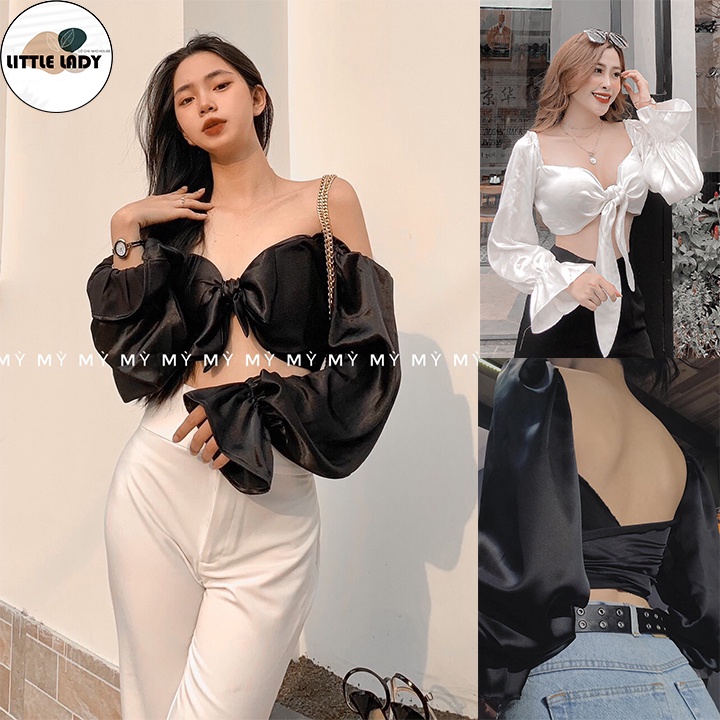 Áo Kiểu Croptop Cột Nơ Ngực Có Mút Ngực Đệm Trong Thoải Mái Tay Dài Ống Loe “ROSE”