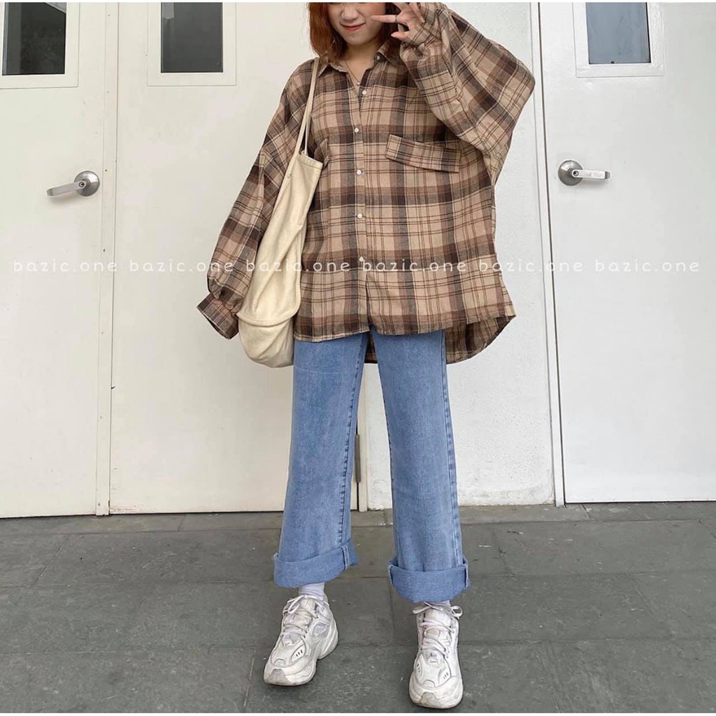 Áo Sơ Mi Nữ - Sơ mi kẻ nâu tay bồng KOREA LE25 | BigBuy360 - bigbuy360.vn