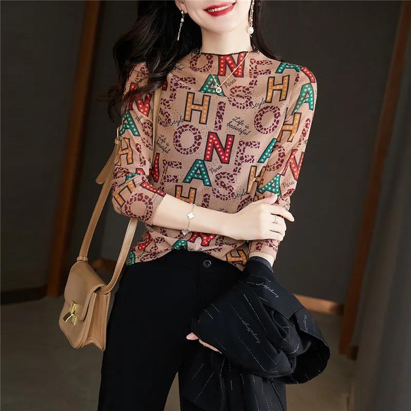 Áo thun tay dài cổ cao in họa tiết thời trang cho phụ nữ trung niên