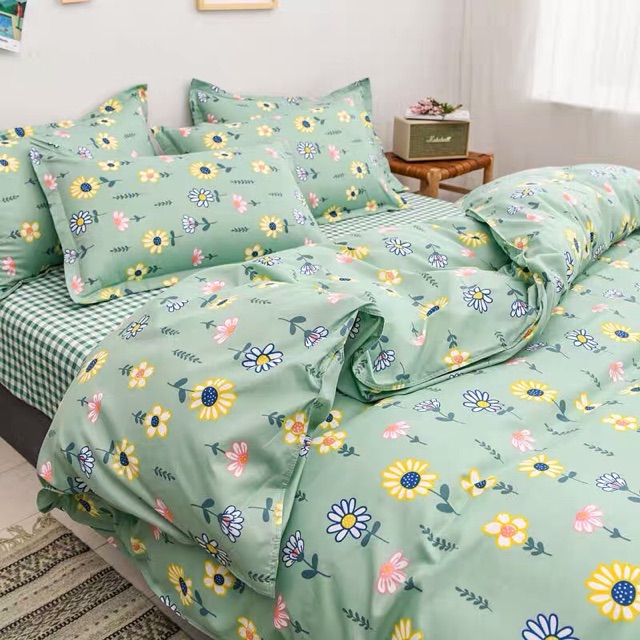 Set Chăn Ga Cúc Xanh Ga Caro Cotton Poly Cực Xinh (Shinbedding.shop)
