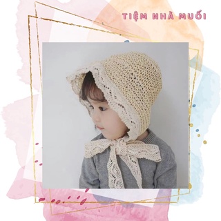 Mũ cho bé, mũ cói viền ren cho bé, nón đi biển cho bé gái phong cách tiểu thư vintage