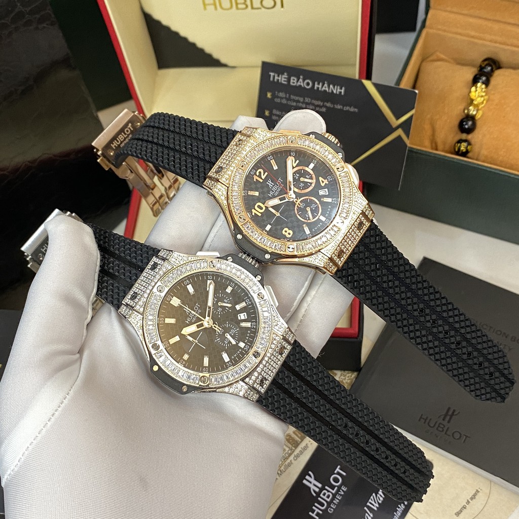 Đồng hồ nam Hublot mặt tròn size 42 đính đá cao cấp dây cao su chống nước DH605