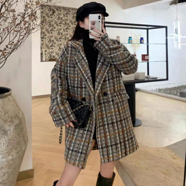 (order) áo khoác dạ kẻ retro form dài phong cách Hàn Quốc