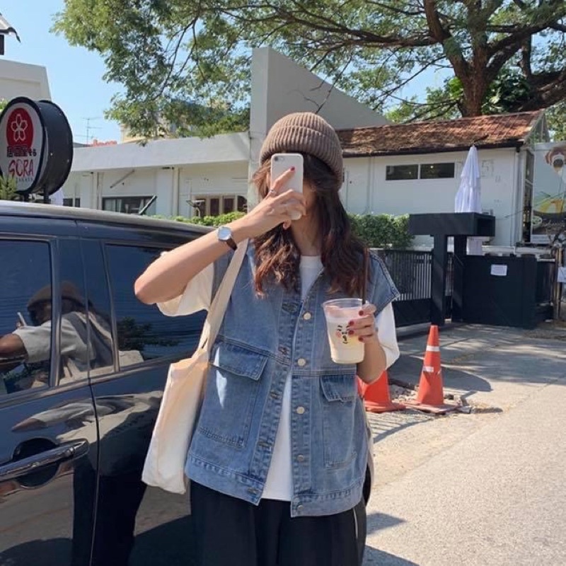 Áo khoác jean denim tay ngắn sát nách oversize - Order taobao quảng châu