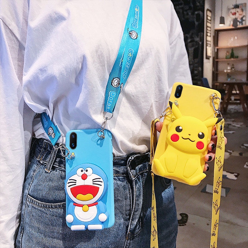 For iPhone 6 6S 7 8 Plus X XS MAX XR 13 12 Mini 11 Pro Max Cartoon Soft TPU Coin Back Cover Cute 3D Pikachu Doraemon Wallet Bags Phone Case With Lanyard