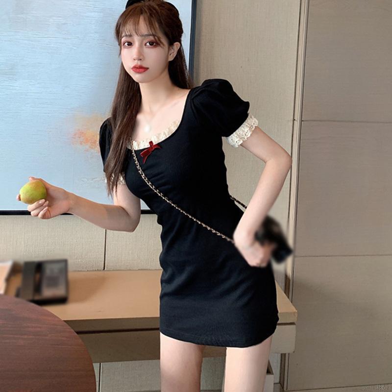 Đầm Ren Nữ Dài Tay Cổ Tròn Eo Cao Thời Trang