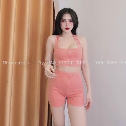 Sét bộ áo zip kéo &amp; quần đùi ôm lưng cao tập gym