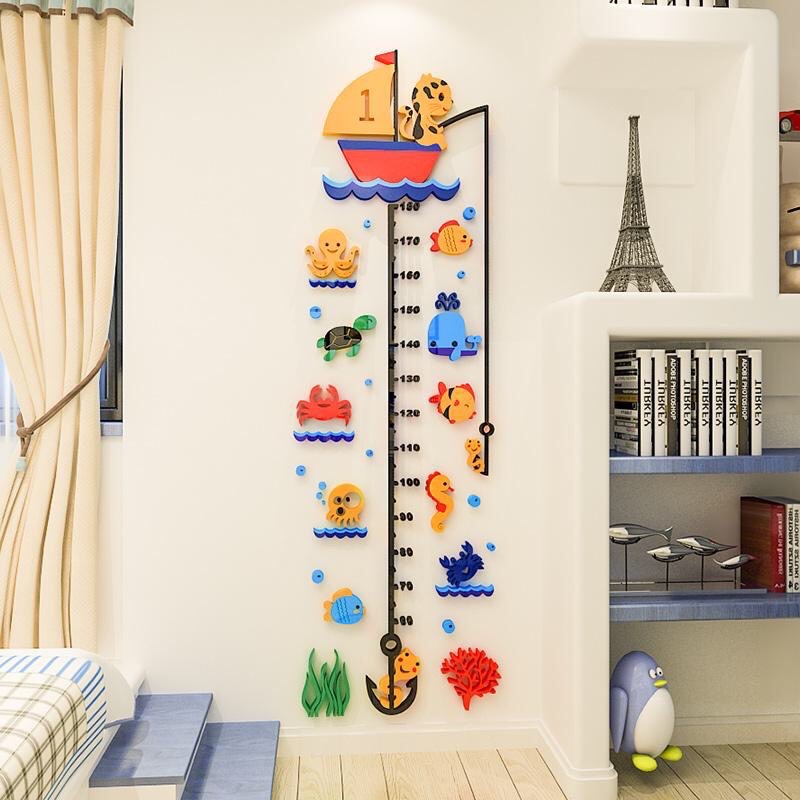Decal dán tường mica dán nổi đo chiều cao cá biển mẫu mới cho bé trang trí lớp học, phòng cho bé